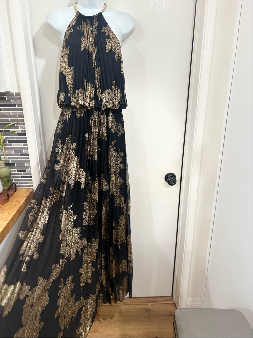 MSK Black and Gold Halter Pleated Maxi Dress